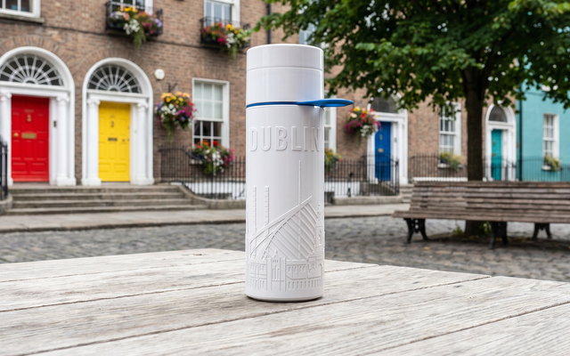 A reusable Dublin water bottle with skyline design on a wooden table in front of colorful doors.