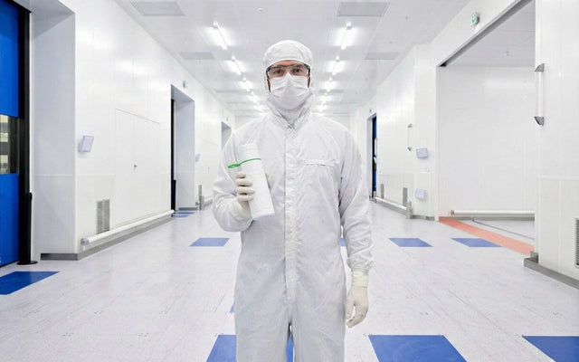 ASML Veldhoven city bottle launch in a cleanroom with a technician holding a bottle.