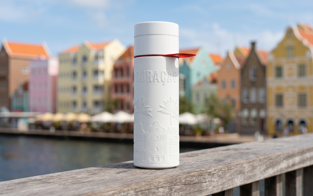 Curaçao Bonaire Aruba reusable water bottle against colorful island architecture background.