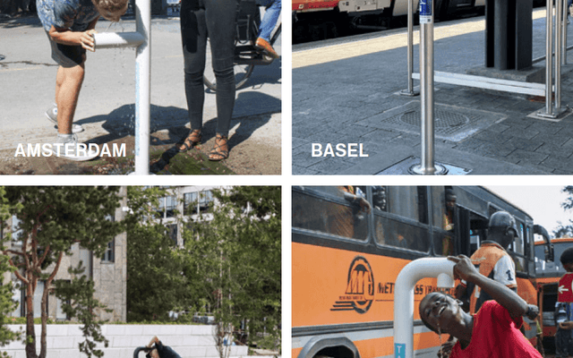Images showcasing cities implementing sustainable drinking water solutions in Amsterdam, Basel, Hilversum, and Kumasi.