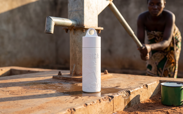 Join the Pipe Africa reusable sugarcane water bottle at a hand-pump well, woman pumping water in the background