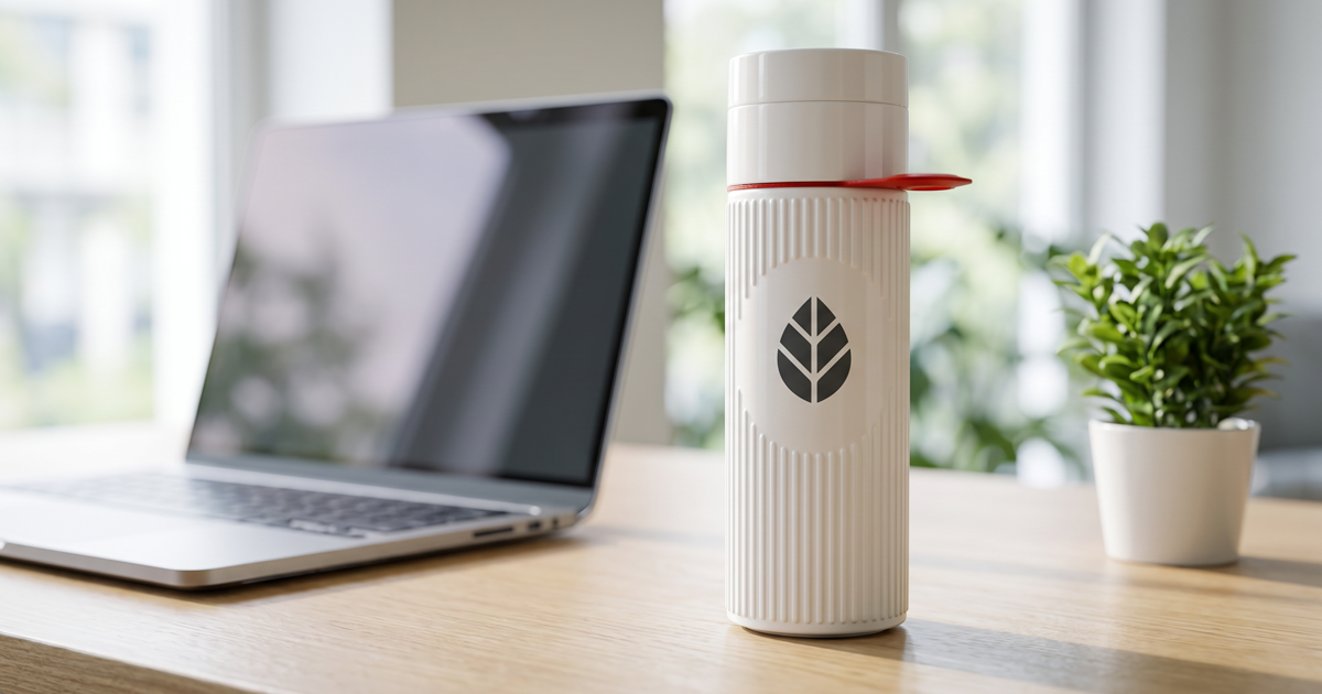 sustainable printed water bottles on a desk next to a laptop and a potted plant