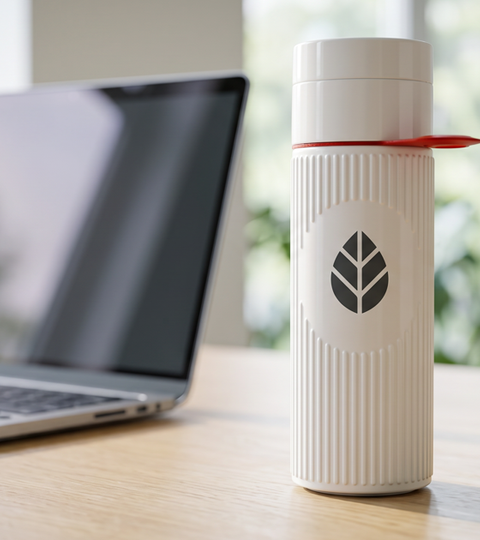 sustainable printed water bottles on a desk next to a laptop and a potted plant