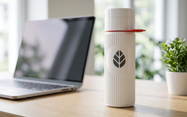 sustainable printed water bottles on a desk next to a laptop and a potted plant