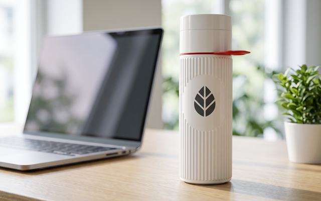 sustainable printed water bottles on a desk next to a laptop and a potted plant
