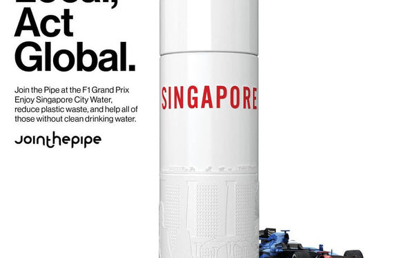 Drink Local, Act Global message promoting Singapore GP sustainability initiatives with a stylish water bottle and race cars.