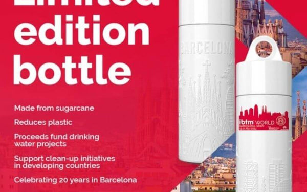 Limited edition sugarcane city bottle Barcelona promoting environmental initiatives.