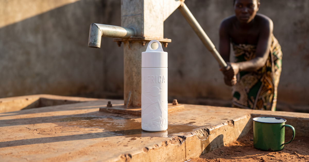 Join the Pipe Africa reusable sugarcane water bottle at a hand-pump well, woman pumping water in the background