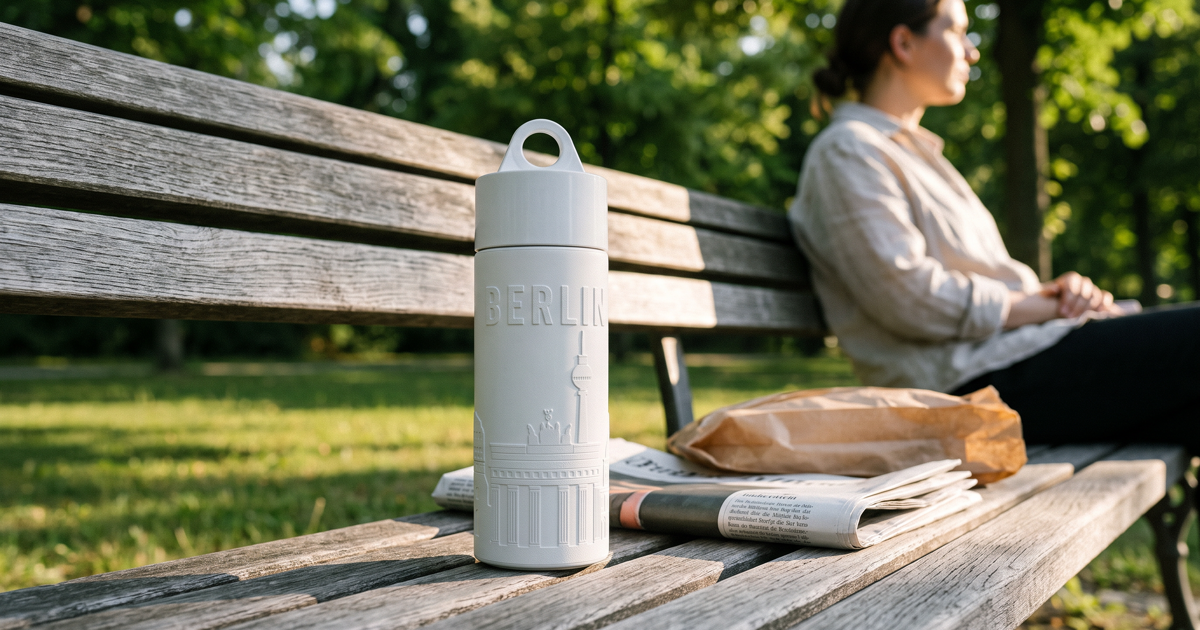 Join the Pipe Berlin City Bottle on a park bench in Tiergarten, summer light through the leaves