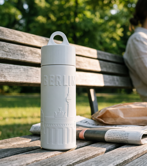 Join the Pipe Berlin City Bottle on a park bench in Tiergarten, summer light through the leaves