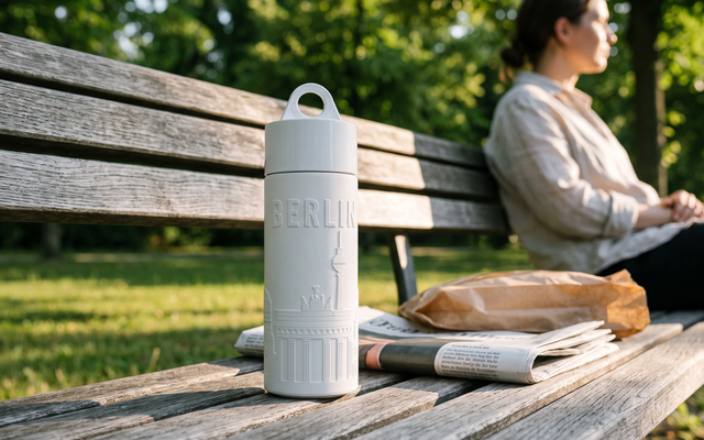 Join the Pipe Berlin City Bottle on a park bench in Tiergarten, summer light through the leaves