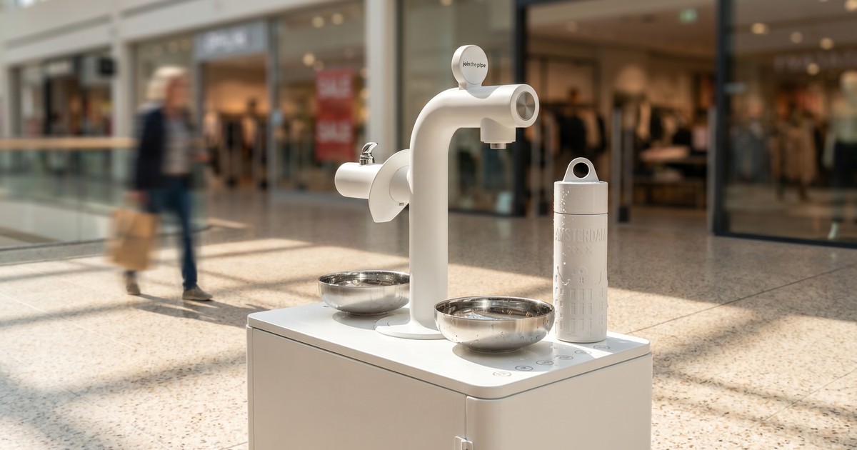 Woman refilling a reusable bottle at a white Join The Pipe Mall Tap indoor water refill station in a bright shopping-mall concourse