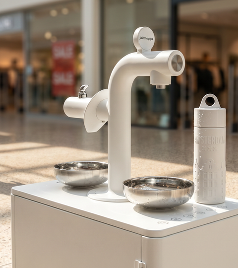 Woman refilling a reusable bottle at a white Join The Pipe Mall Tap indoor water refill station in a bright shopping-mall concourse
