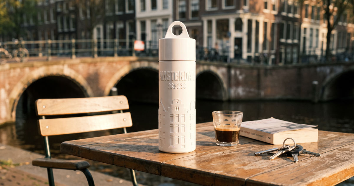 Join the Pipe Amsterdam reusable sugarcane water bottle on a canal-side cafe terrace at golden hour