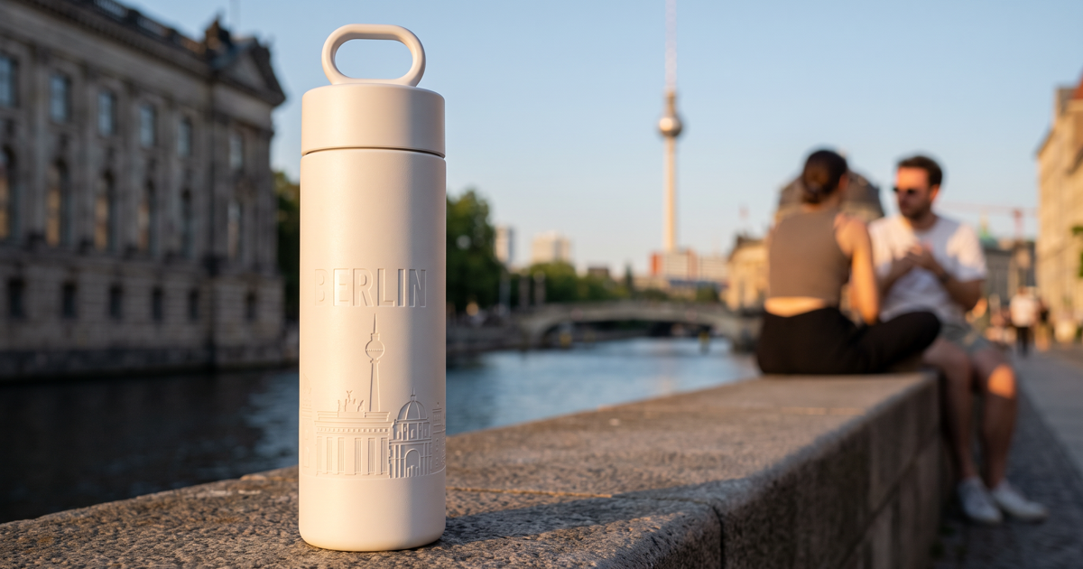Join the Pipe Berlin City Bottle op de Museumsinsel-muur met de Fernsehturm en de Spree op de achtergrond