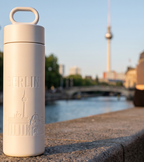Join the Pipe Berlin City Bottle op de Museumsinsel-muur met de Fernsehturm en de Spree op de achtergrond