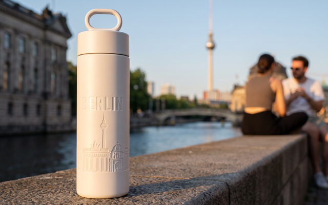 Join the Pipe Berlin City Bottle op de Museumsinsel-muur met de Fernsehturm en de Spree op de achtergrond