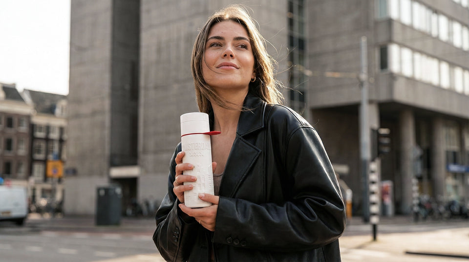 Woman holding a white water bottle on a city street